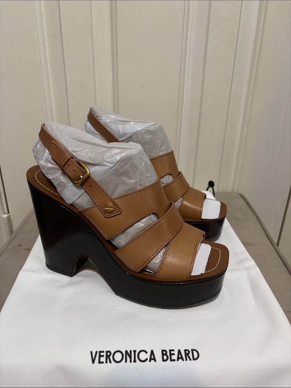 Veronica Beard Brown Leather Platform Wedge Sandals Size 8.5 M